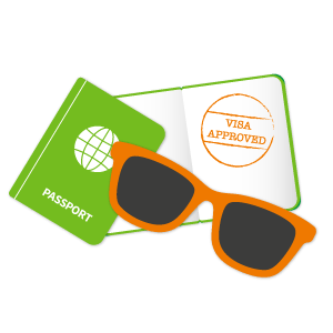 An image of a green passport, orange sunglasses and approved visa.