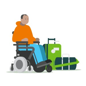 An image of a powered wheelchair users with luggage next to him.