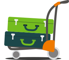 An image of a green suitcase on the top of a navy-blue suitcase.