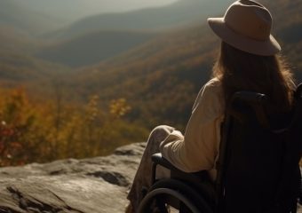 A photo of a wheelchair user on the top of a mountain.