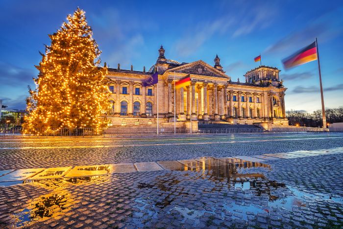 The Reichstag in Berlin with a large Christmas Tree outside